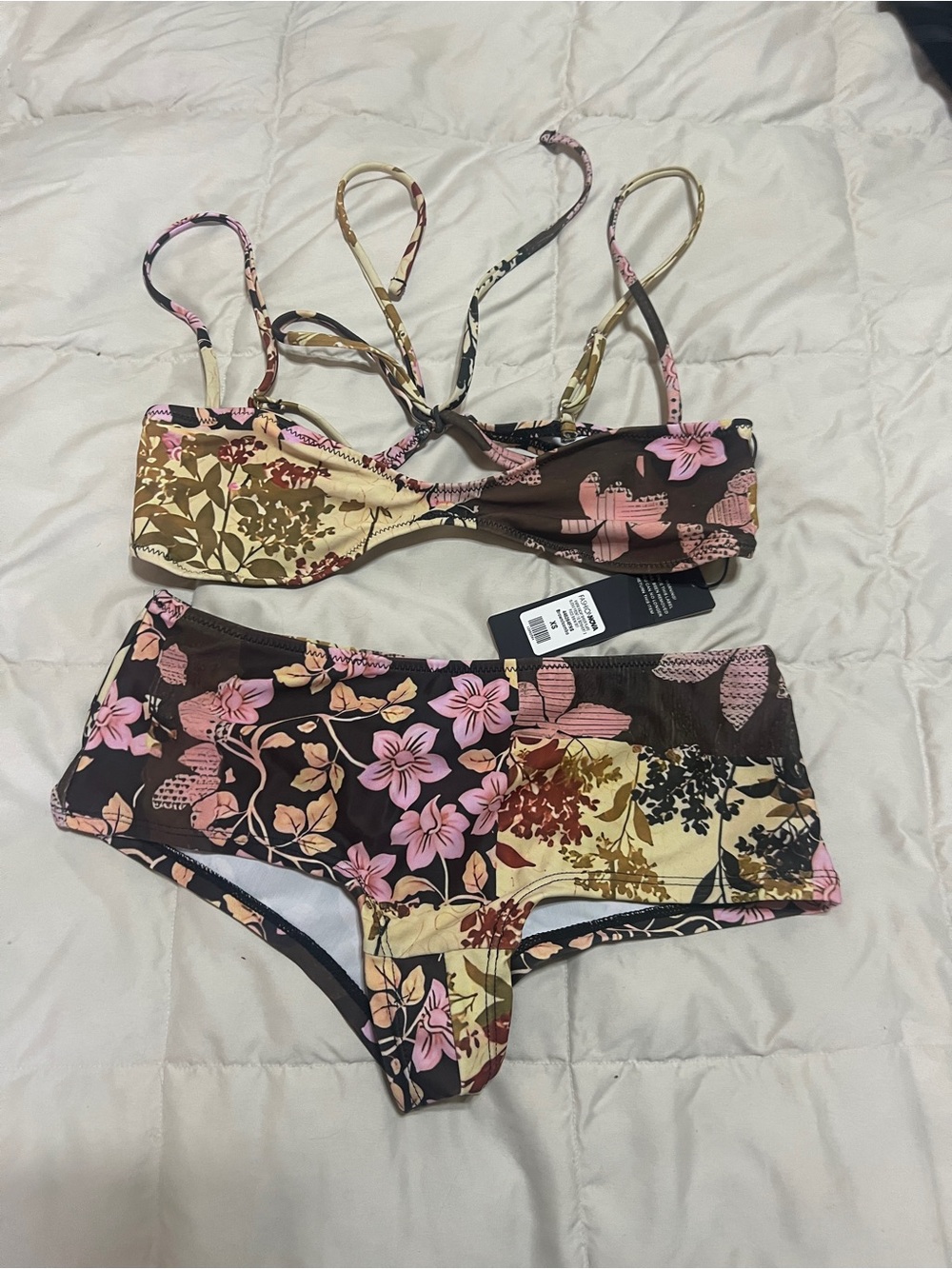 Fashion Nova Floral Bandeau Bikini Set in Brown and Pink